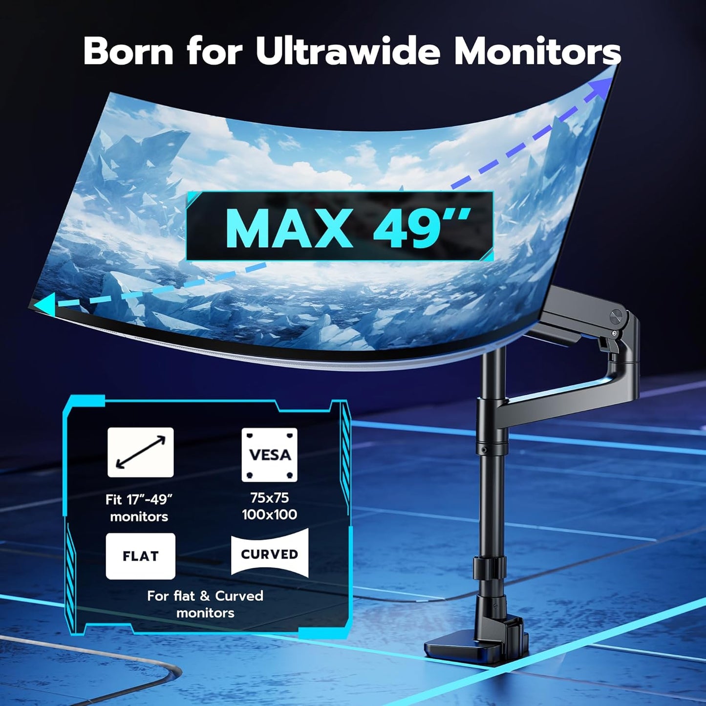 ARES WING Heavy-Duty Monitor Mount for 17-49 inches Ultrawide Curved Flat Monitors, Holds 44lbs, with 18" Extended Column for Desk, Adjustable Gas Spring, Black