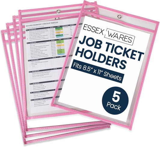 Essex Wares - 5 Pack, Pink, Job Ticket Holders, 10" Wide x 13.5" Tall - Clear Plastic Shop Ticket Holders - Easy to Use, Reusable & Easy Erase Plastic Invoice Holders, Water-Resistant & Durable