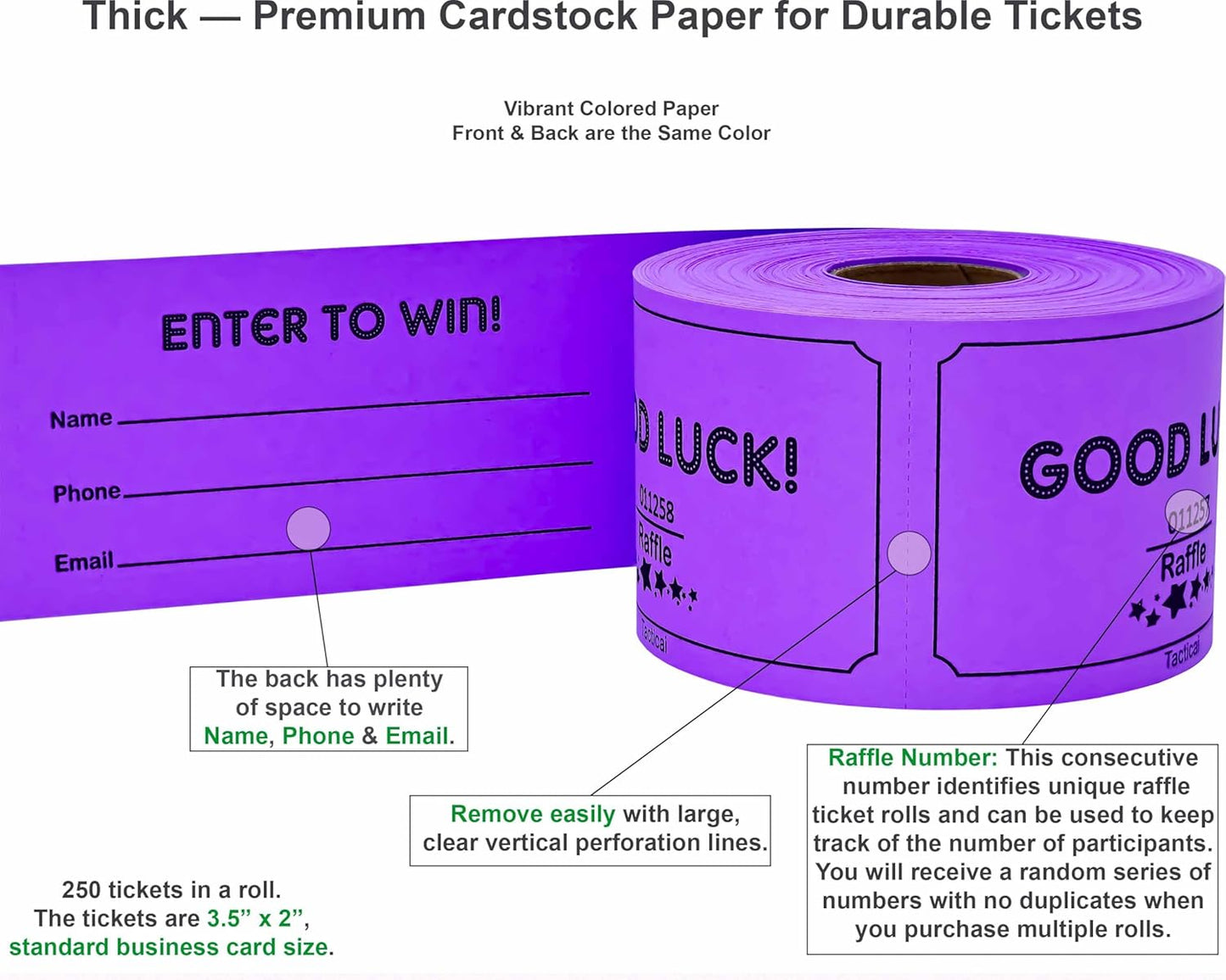 Tacticai 250 Raffle Tickets, Purple (1 of 8 Colors), Raffle Cards, Entry Form with Name, Phone & Email for Events, Fundraiser & Prizes