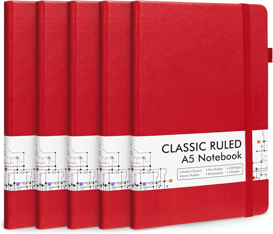 feela 5 Pack Journal Notebook Bulk for School, Hardcover Business Notebooks Classic Ruled Lined Journals with Pen Holder for Work Note Taking, with 5 Black Pens, 120 GSM, 5.1”x8.3”, A5, Red
