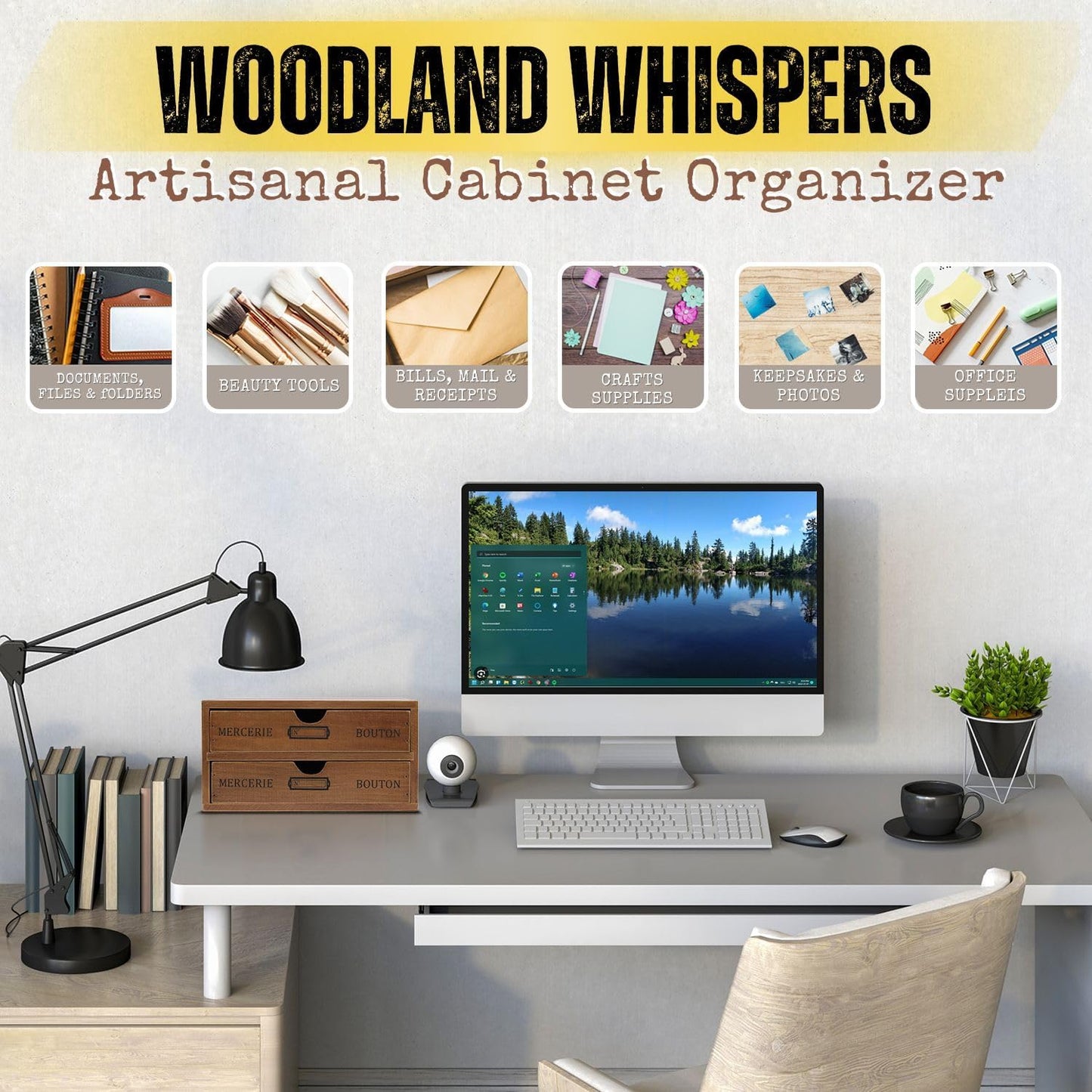 Flexzion Wooden Desktop Office Supplies Organizer with 2 Storage Drawers Set, 2-Tier Wood Tabletop Cabinet, Countertop Desk Accessories Box, for Home Workspace Counter Vanity Decor Art Craft Tool Mail