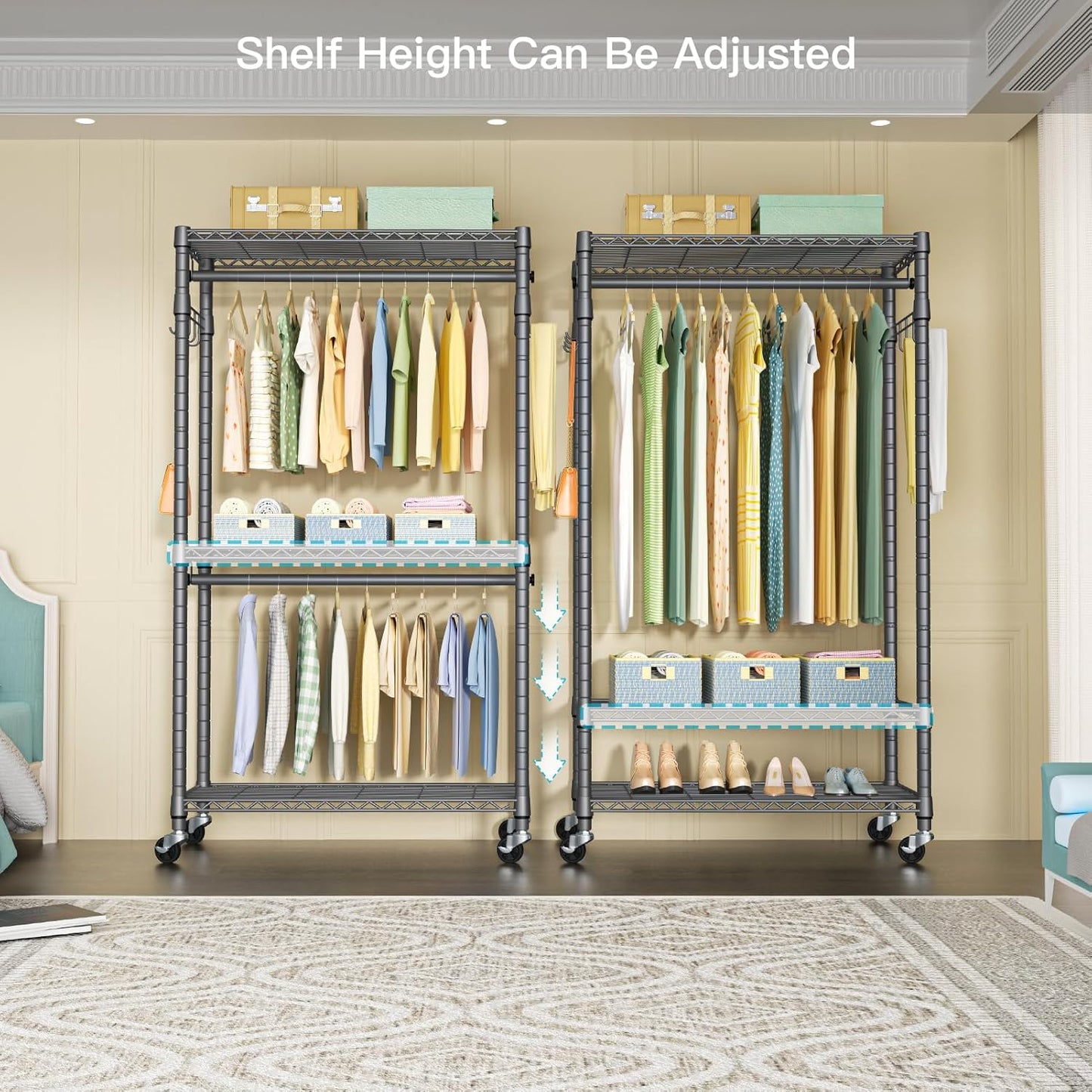 P1 Heavy Duty Garment Rack, 3 Tiers Adjustable Rolling Metal Closet Organizer with Lockable Wheels, FreeStanding Wardrobe with Double Hanger Rods & 1 Pair Hooks, Max Load 450 LBS, Gray