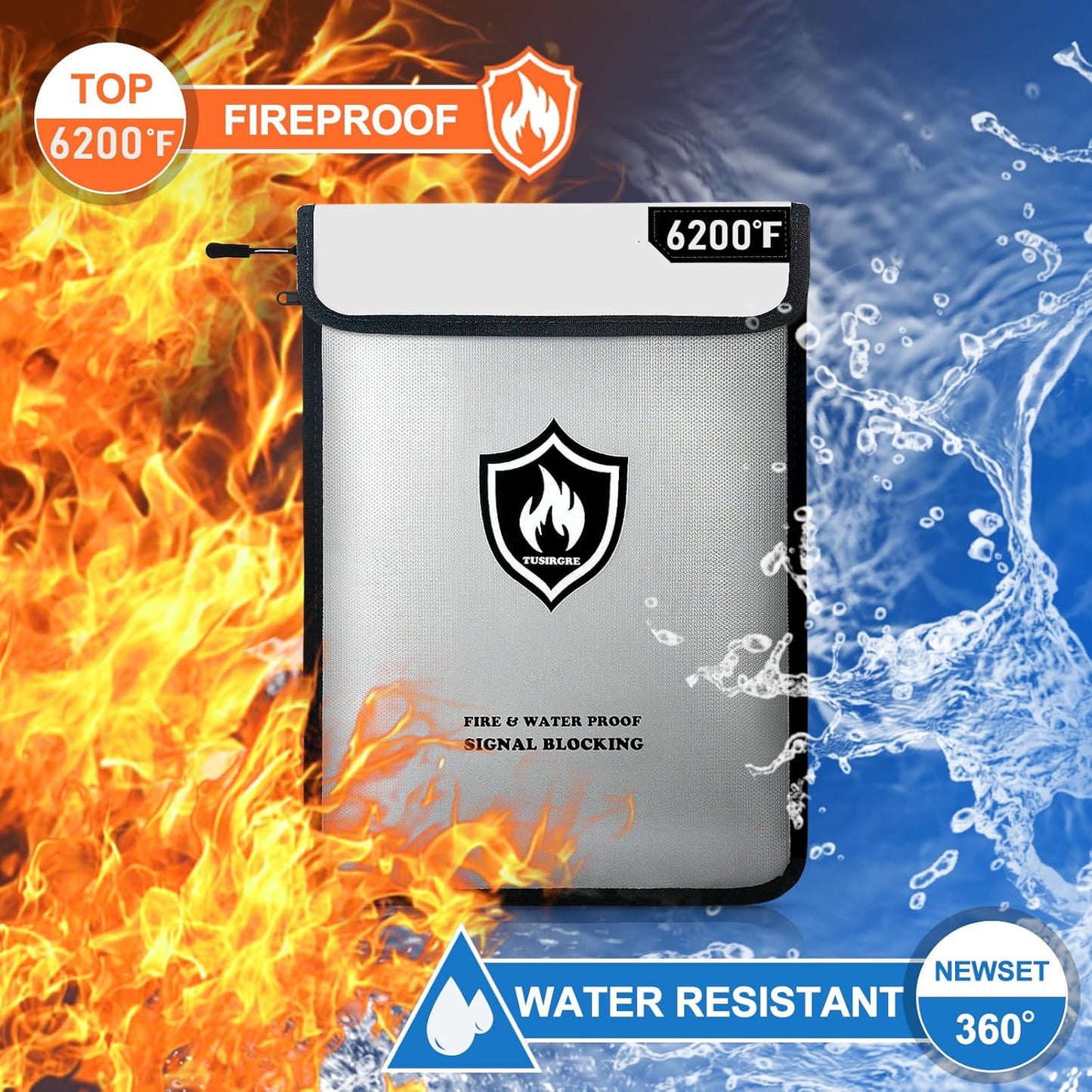 6200°F Upgraded Fireproof Document Bag, 15.7 x 11.4 Faraday Bag, Fireproof Money Bag with Zipper/Reflective Strip, 18 Layers of Heat Insulated Materials, RFID Blocking Bag Protects Devices