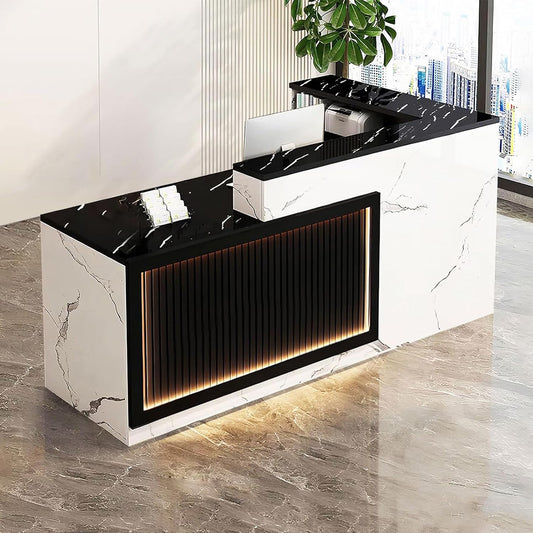 Modern Reception Desk with Counter and Drawer Office Front Desk with Cabinet Wooden Commercial Reception Table Checkout Counter for Retail Salon Lobby White and Black Left 63inch/160cm