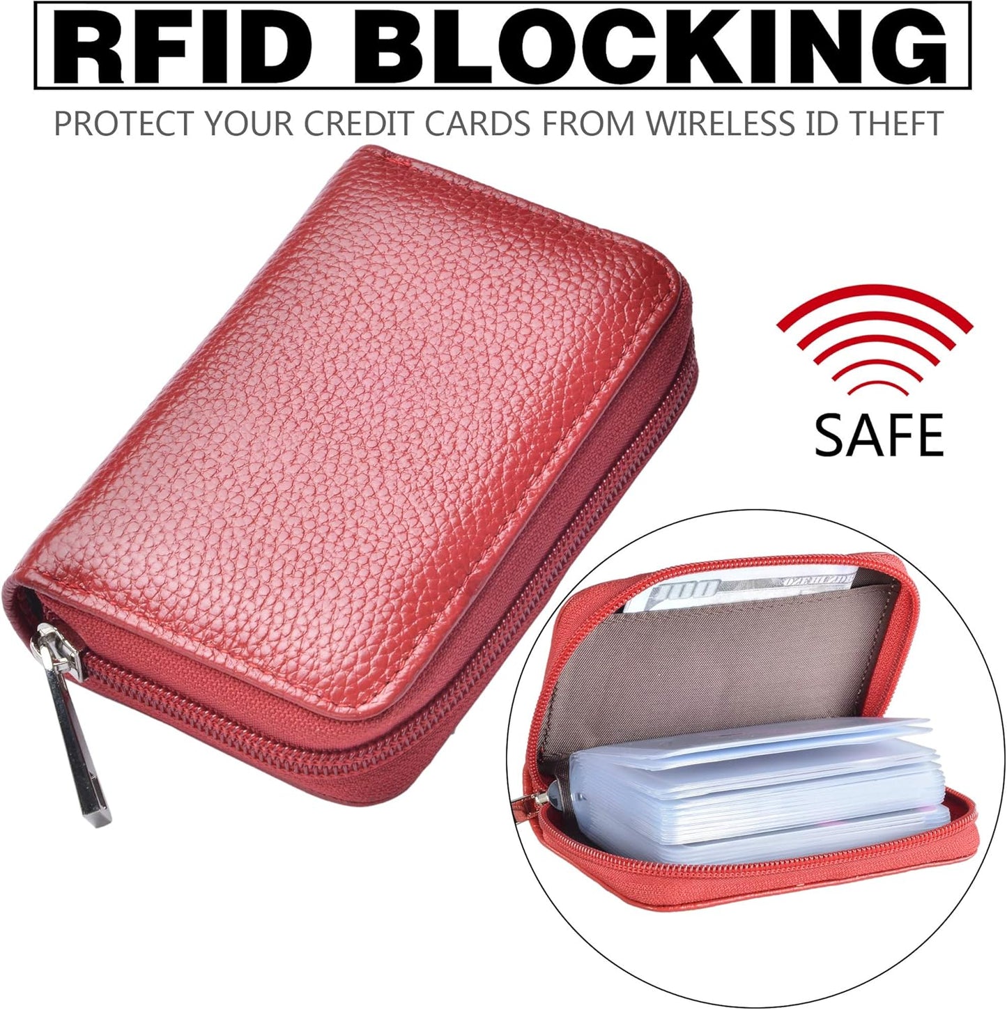 Easyoulife Genuine Leather Credit Card Holder Zipper Wallet With 26 Card Slots