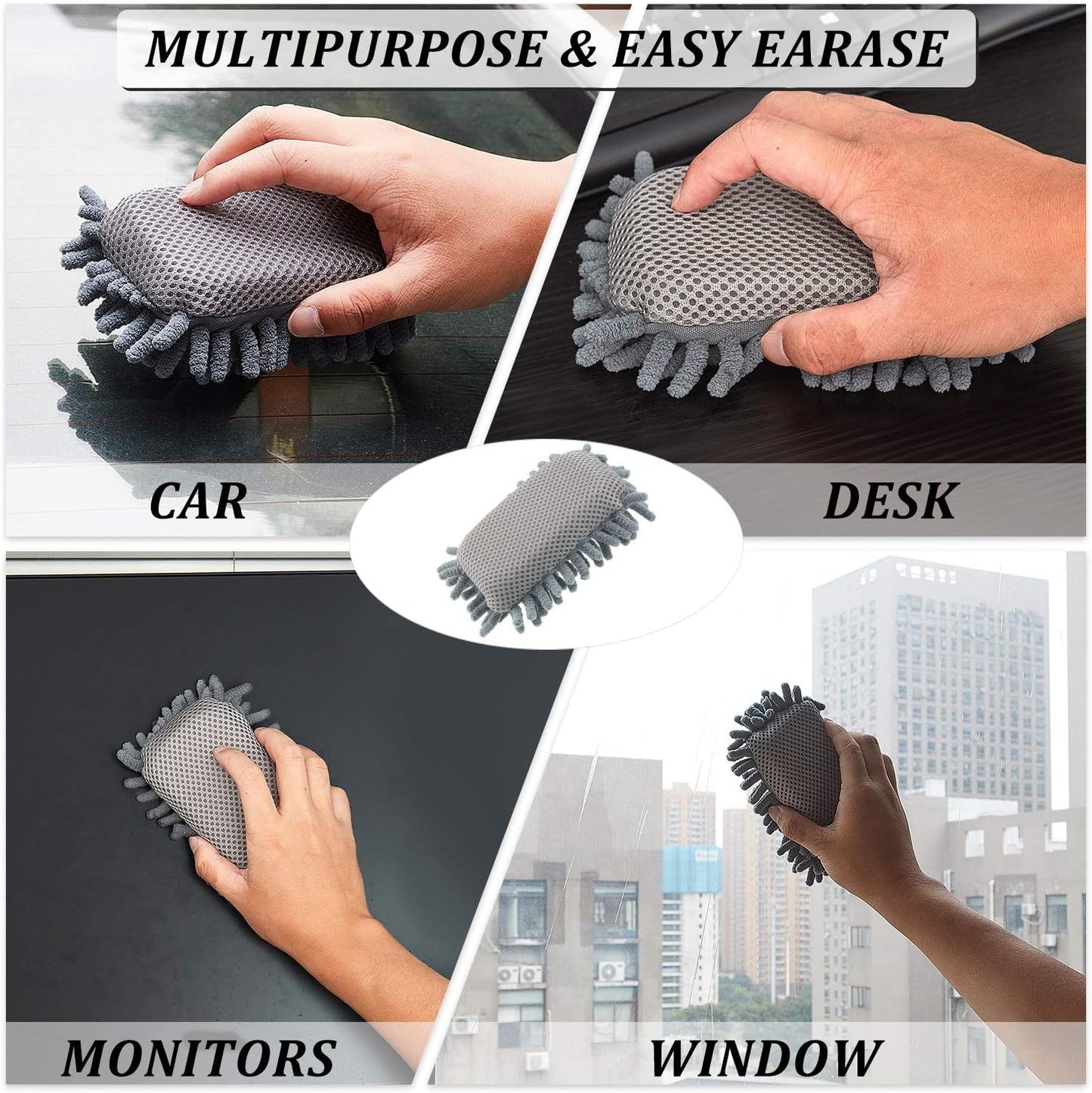 Zonon 4 Pieces Dry Erase Eraser Microfiber Shag Washable Whiteboard Eraser for Markers, Chalk, Classroom, Home and Office(Gray)