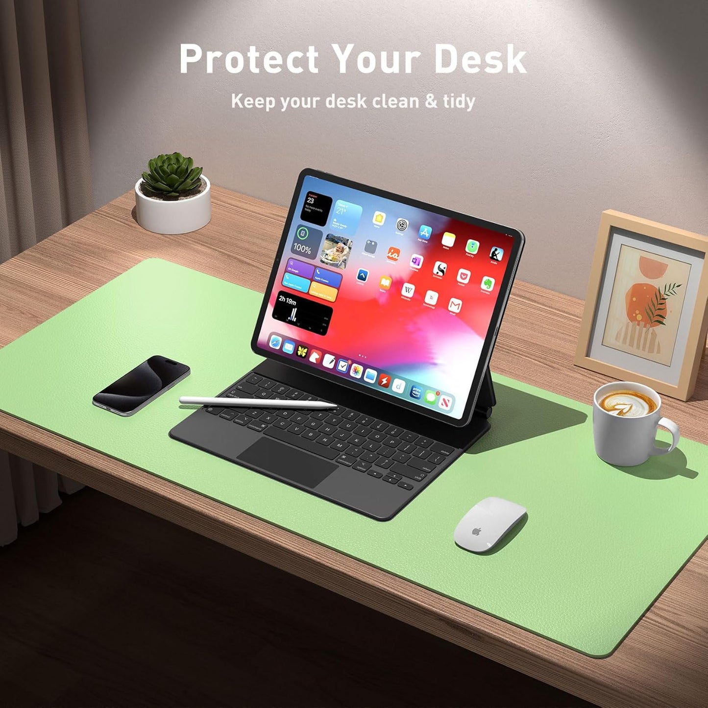 Aothia Leather Desk Pad Protector, Mouse Pad, Office Desk Mat, Non-Slip PU Leather Desk Blotter, Laptop Desk Pad, Waterproof Desk Writing Pad for Office and Home (23.6" x 13.7", Foam Green)