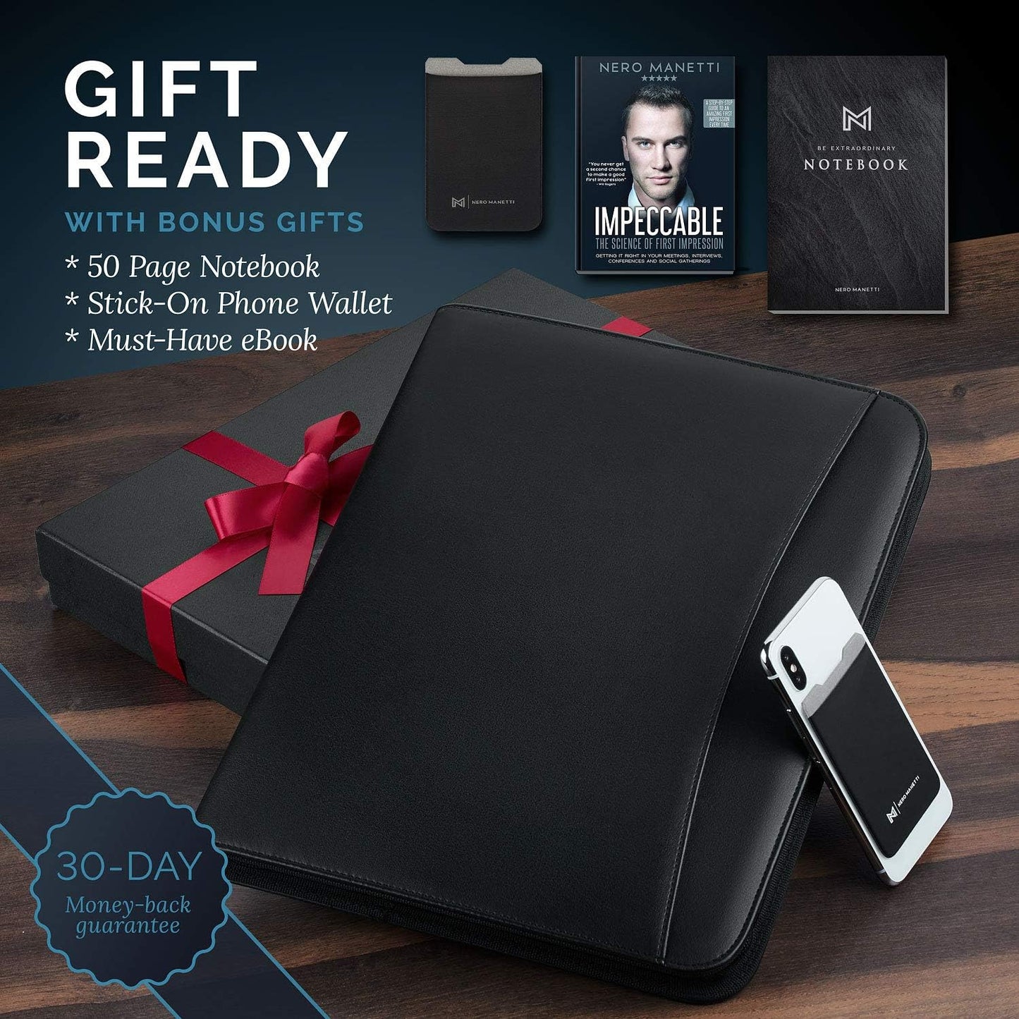 NERO MANETTI- Zippered Vegan Leather Padfolio/Portfolio Pad Holder-Business PU Leather Notepad Folder for Resumes, Interviews, iPad/Tablet, Phone, Legal Pad Notebook Executive Binder for Women, Men