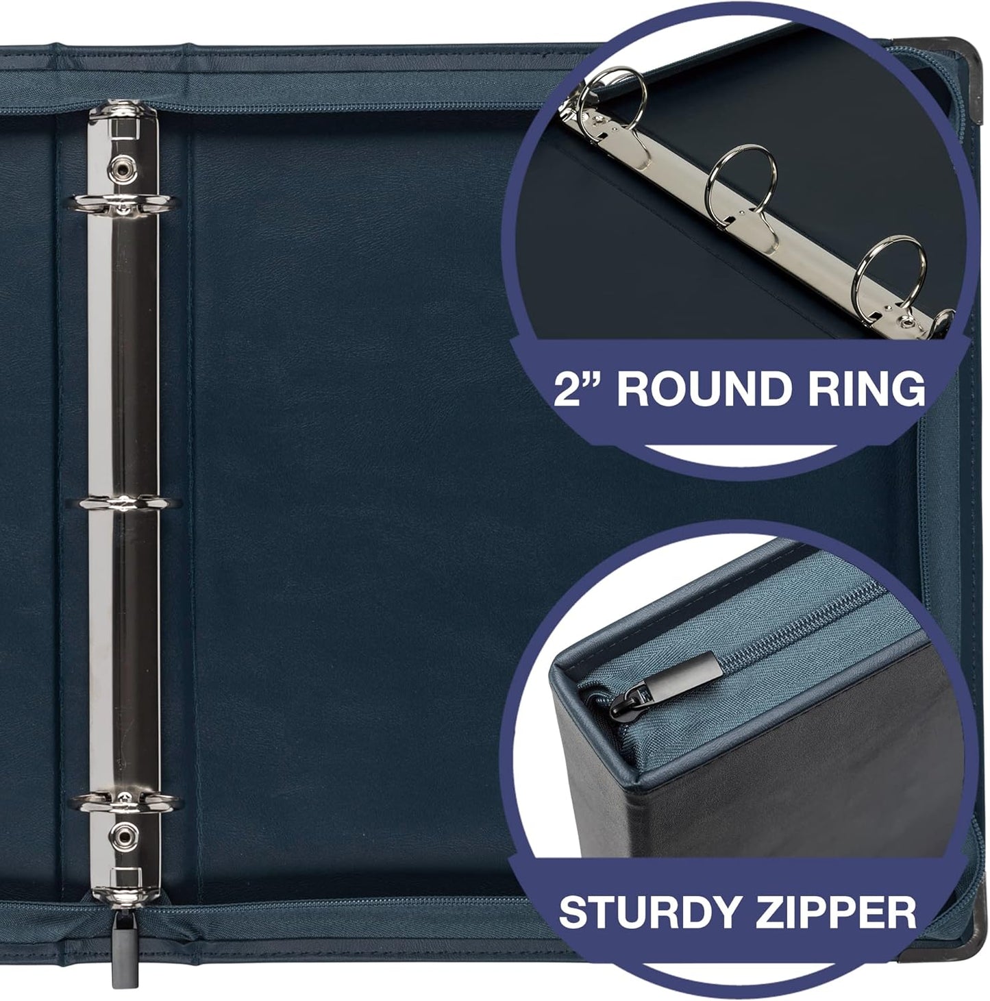 Samsill Leather Binder, Classic Collection - Zippered, Executive Presentation Portfolio, 1.5 Inch Round Ring (Holds 325 Sheets), Silver Corner Accents, Navy