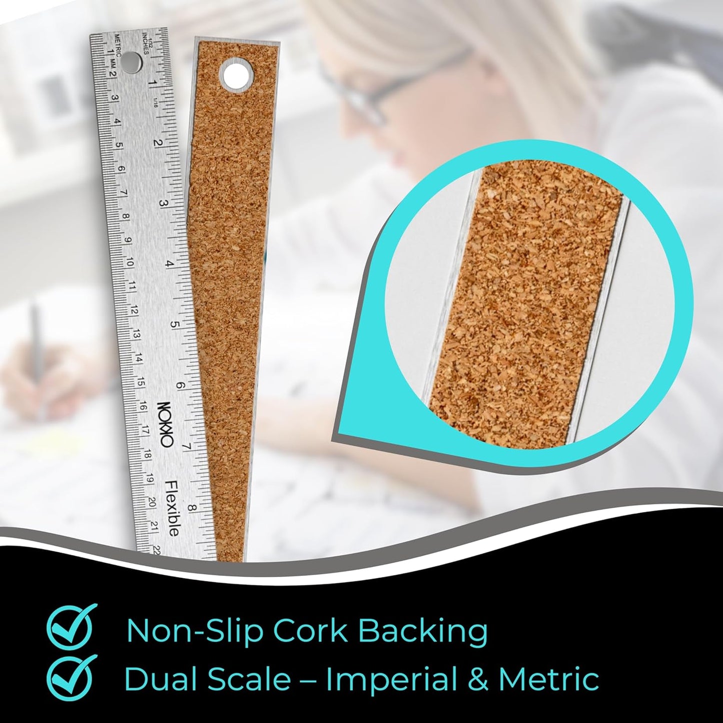 NOKKO 18 Inch Metal Ruler with Cork Backing, Pack of 10 - Flexible Stainless Steel Straight Edge Ruler with Inches and Centimeters, Non-Slip Backing for Precision and Stability