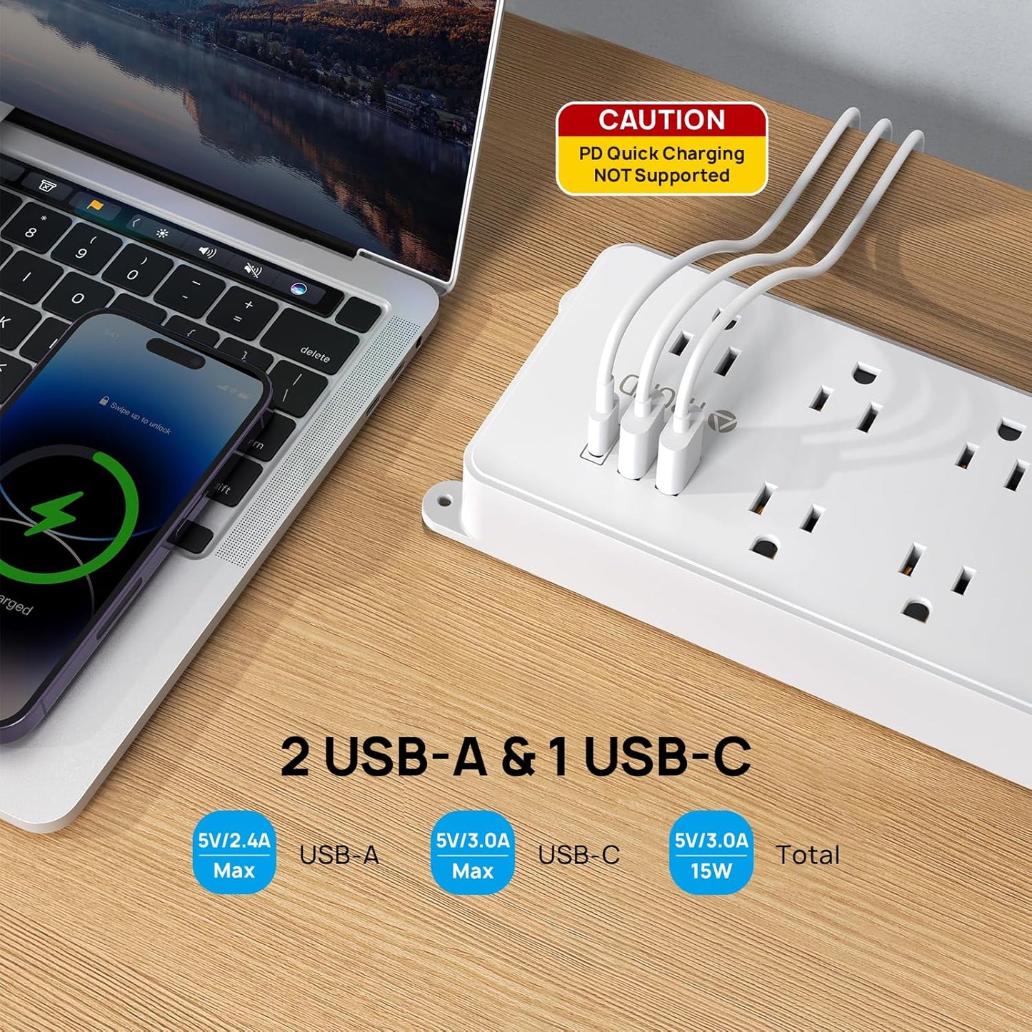 TROND Surge Protector Power Strip 10ft, ETL Listed, Flat Plug Long Extension Cord with 2 USB A and 1 USB C, 7 Widely-Spaced Outlets, Wall Mountable, 1700 Joules, White