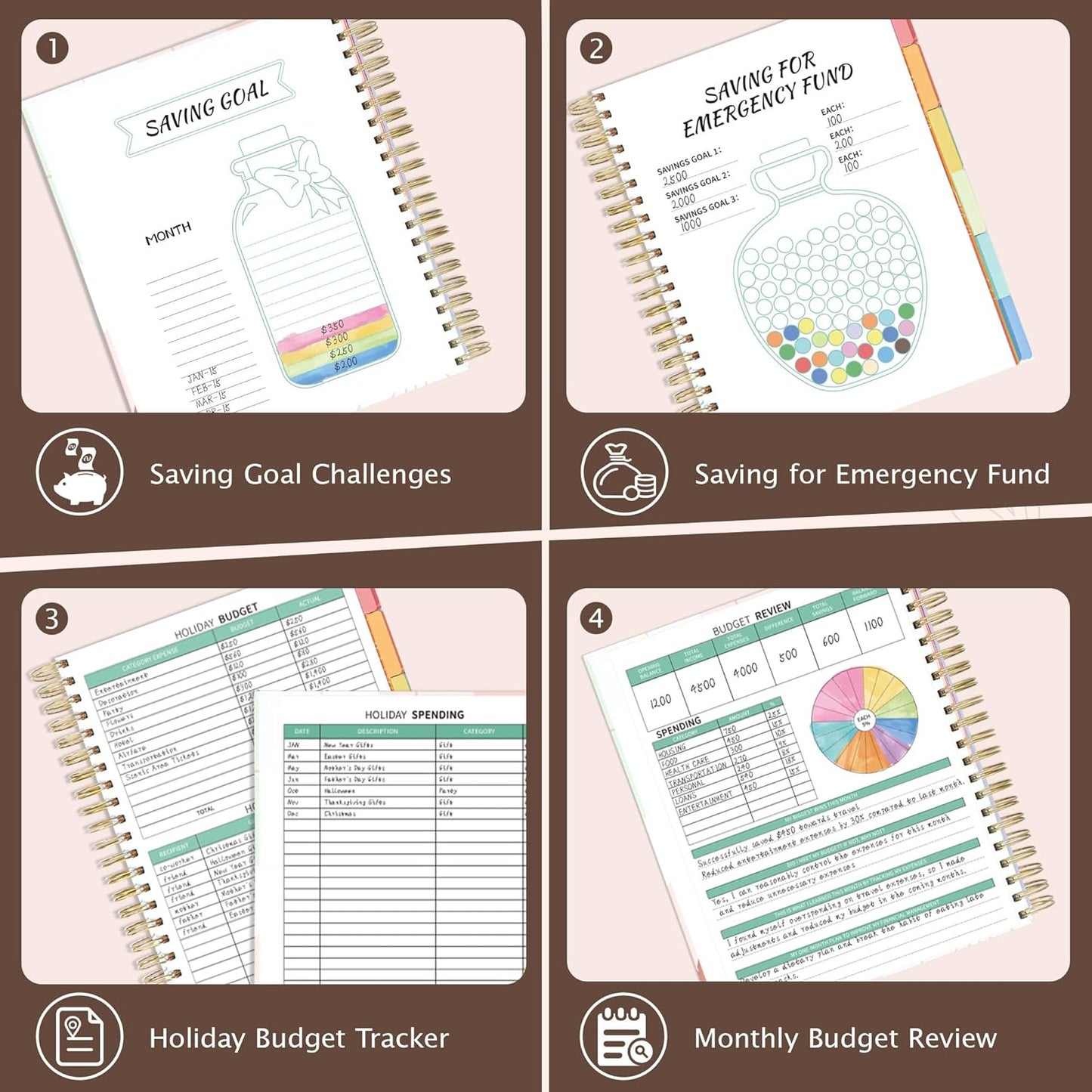 Ospelelf Budget Planner - Monthly Budget Book with Expense Tracker Notebook, Undated 12 Month Bill Organizer & Finance Planner, A4 Account Book with 12 Index Pockets, Zipper Pouch, Stickers(Brown)