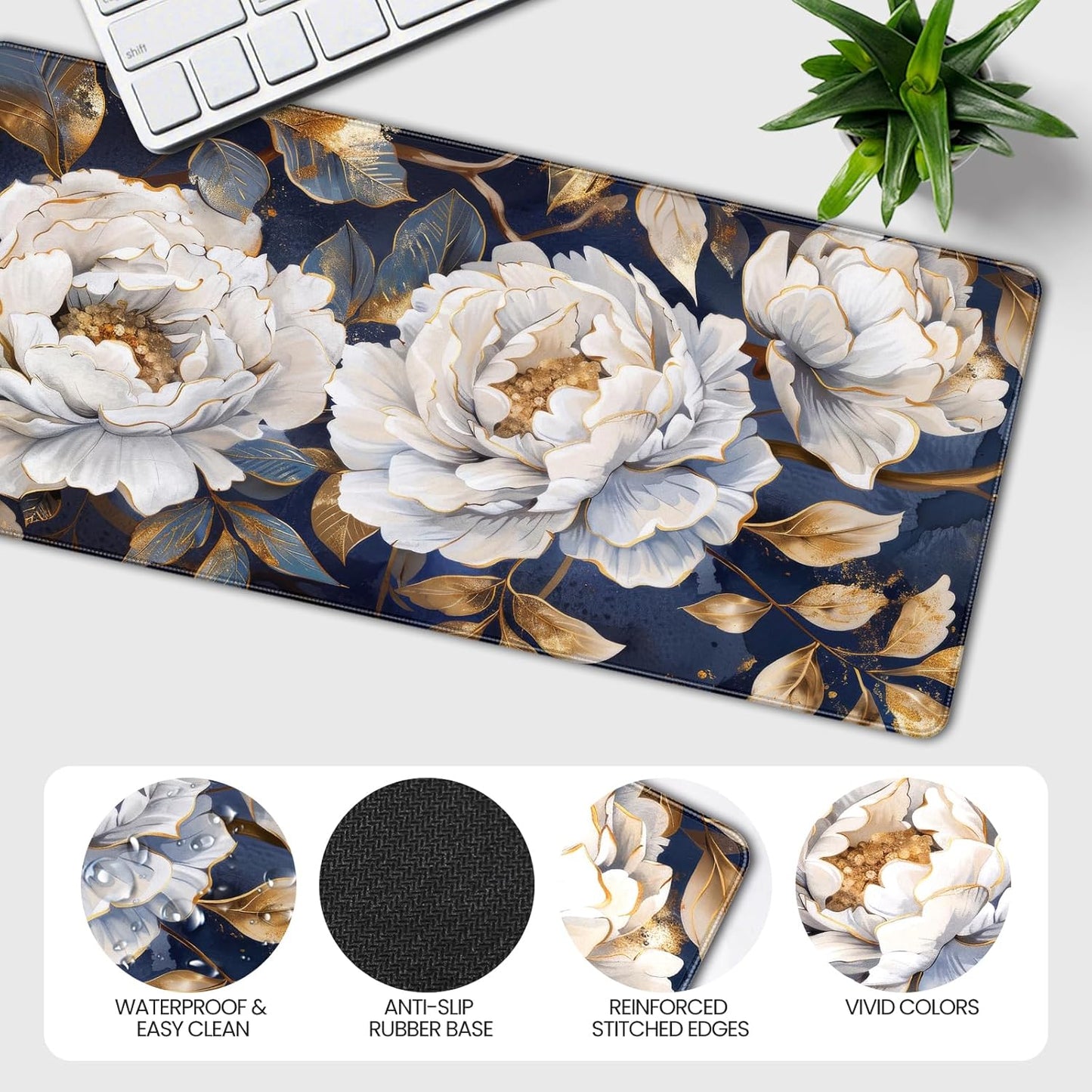 35.4 x 15.7 inches, Large Desktop Mouse pad, Keyboard and Mouse Pads for Work and Home Computers, and Large Laptop Mouse mat，White Peonies