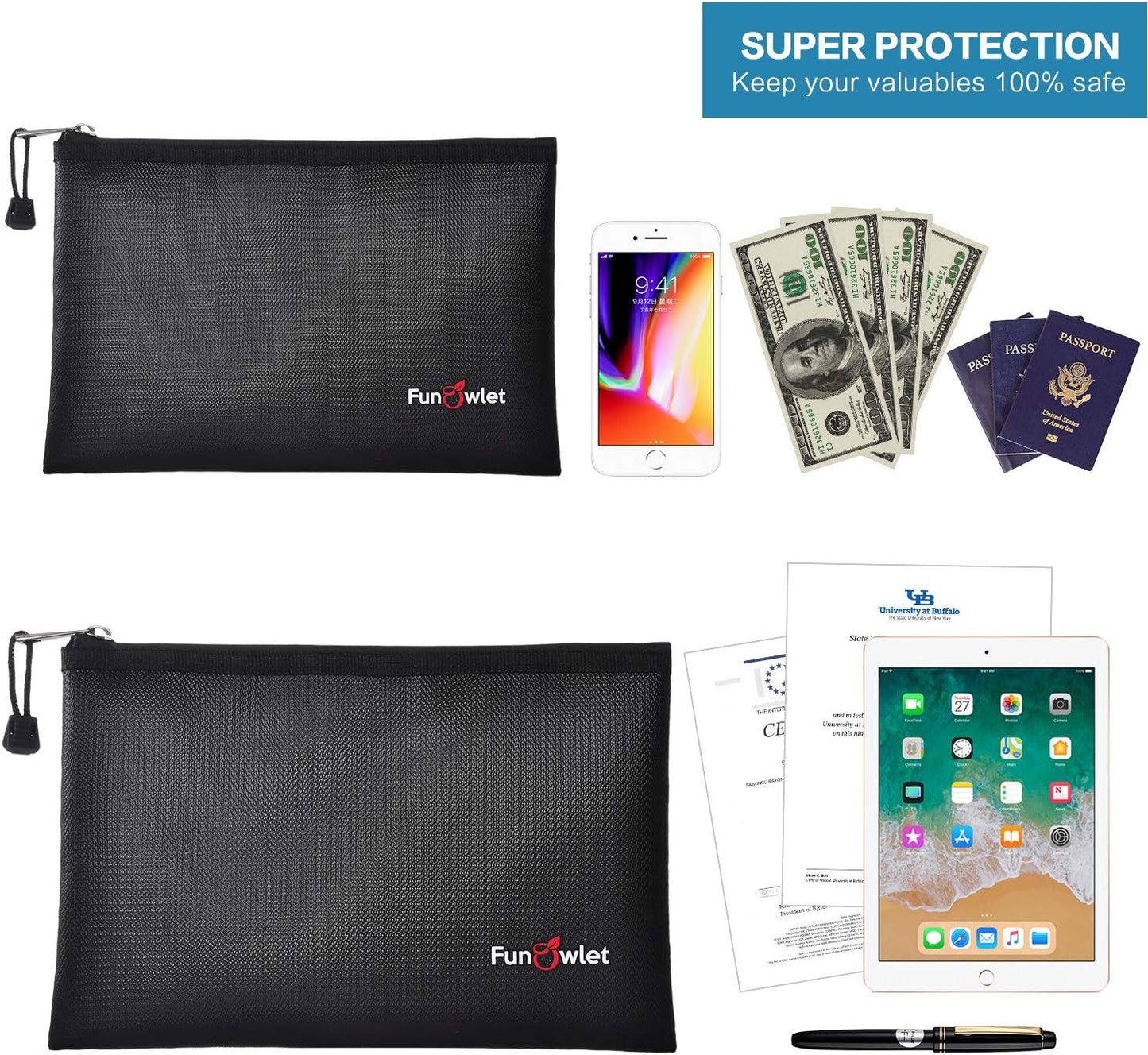 Fireproof Safe Money Document Bags - 2 Pack 13.4" x 9.8" and 10.6" x 6.7" Waterproof Zipper Bag, Fire & Water Resistant Storage Organizer Pouch for A4 A5 Documents Holder,File,Cash,Passport,Tablet