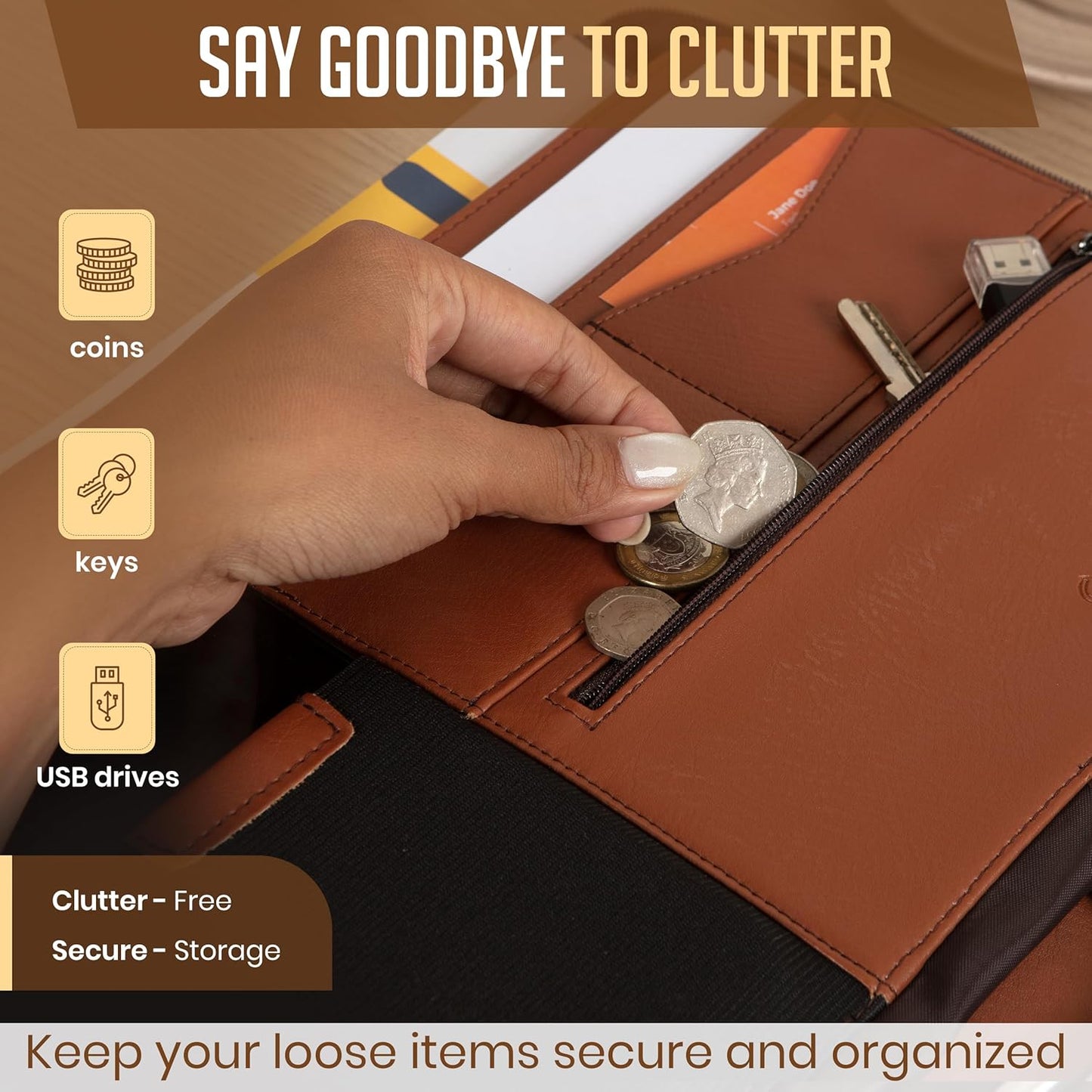 STYLIO Zipper Padfolio Portfolio Binder Organizer (Tan Color) | Faux Leather Portfolio for Resume, Documents, Phone, Tablet, Business Supplies and Cards | Letter Sized Notepad Included | Brown