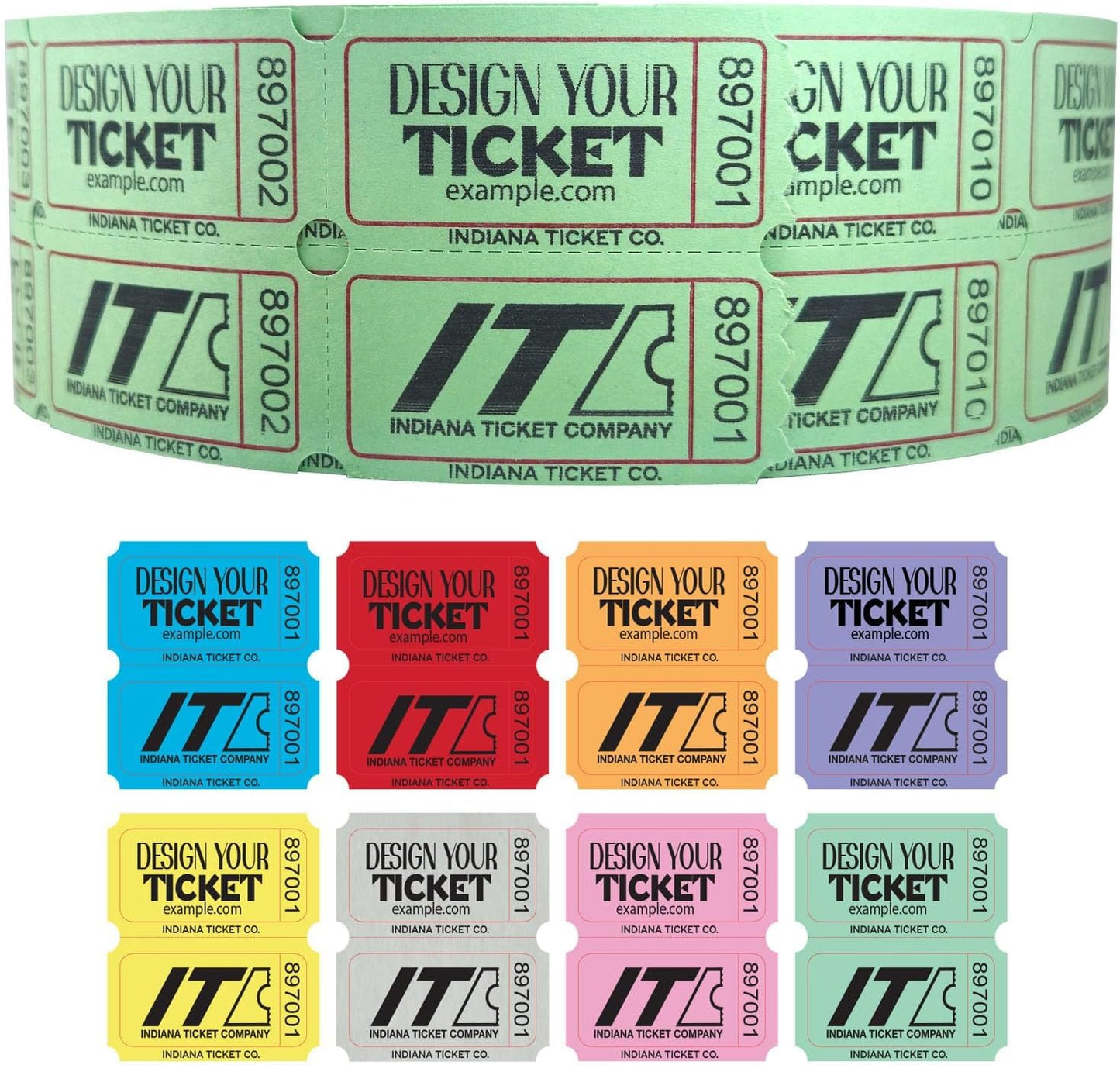 INDIANA TICKET CO. Custom 2"x2" Raffle Roll Tickets – Add Your Events Logo/Text, 50/50 Raffle Tickets, Fundraiser, Classroom Rewards, Entry, Drink Tickets, Prize, Carnival, (8 Colors Selection)