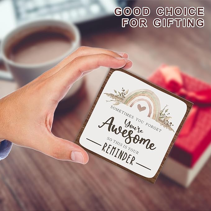 Boho Rainbow Wooden Sign -You Are Awesome Positive Reminder Motivational Wood Plaque With A Support Frame - Home & Office Inspirational Gifts For Women And Man, Desk Decor & Accessories - A13