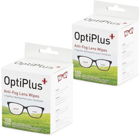OptiPlus Anti Fog Lens Wipes l Pre-Moistened l Cleaning Wipes for Glasses, Laptops Screens, Smart Phones, Optical Lens, Goggles, and Watch Screen l Quick-Dry & Scratch-Free l Two Pack of 100 Pack