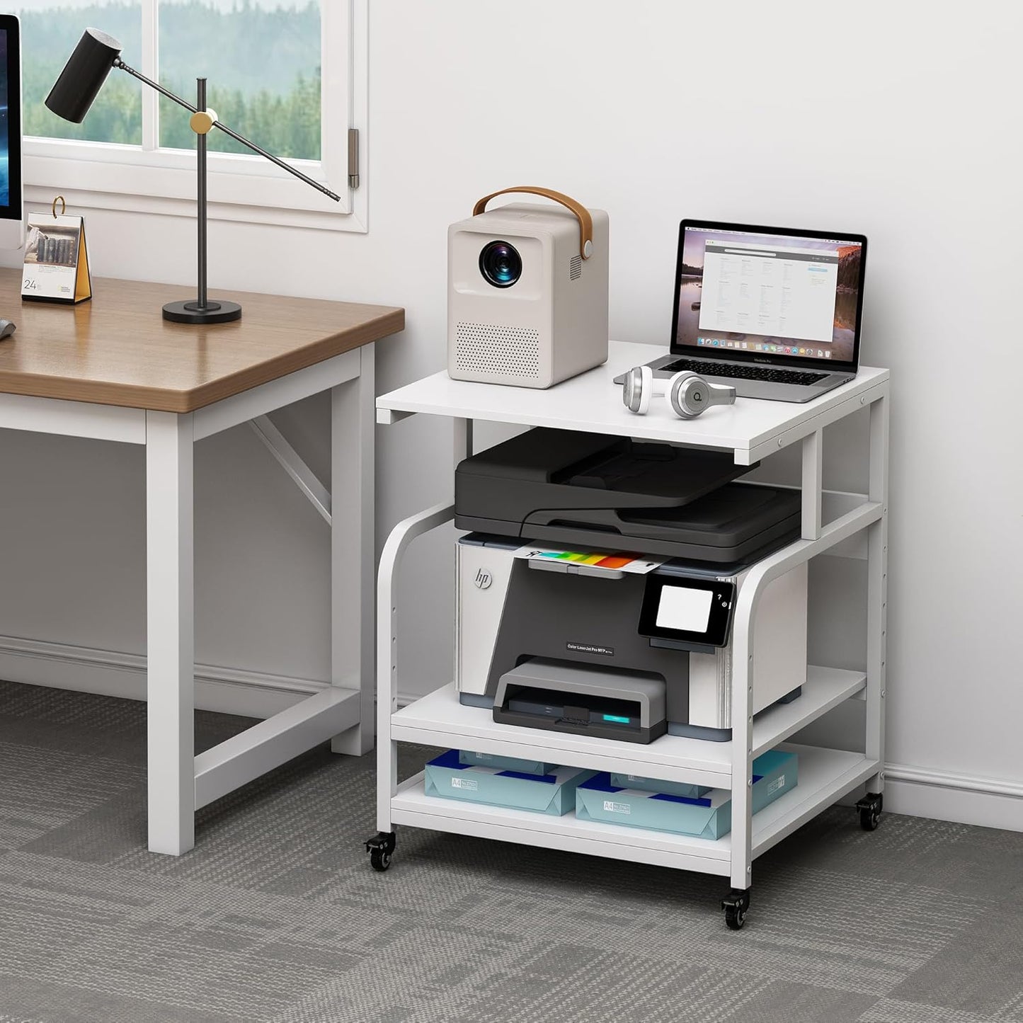 Printer Stand, 25.6" x 23.6" x 30.9" Extra Large Printer Table with Adjustable Storage Shelf, 3 Tier Rolling Printer Cart with Industrial Wheels for Home Office, White