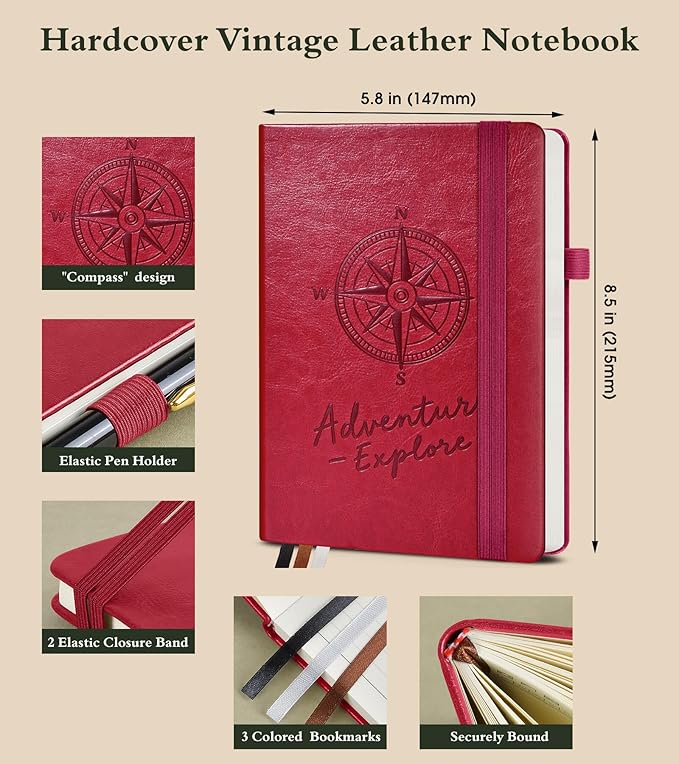 Lined Journal Notebook for Men Women, 160 Pages Ruled Paper, Inner Pocket, A5 Hardcover Vintage Leather Notebooks for Work, School, Travel Journaling,Daily Diary,Notepad 5.8" x 8.5" (Burgundy)