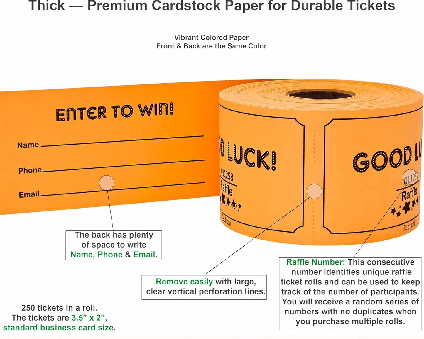 Tacticai 250 Raffle Tickets, Orange (1 of 8 Colors), Raffle Cards, Entry Form with Name, Phone & Email for Events, Fundraiser & Prizes