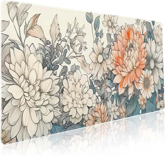 Japanese Aesthetic Floral Gaming Mouse Pad XXL Vintage Orange White Flowers Extended Large Mat Mousepad Desk Pad Non-Slip Rubber Base Stitched Edge Keyboard Pad Playmat for Computer,35.4×15.7 Inch
