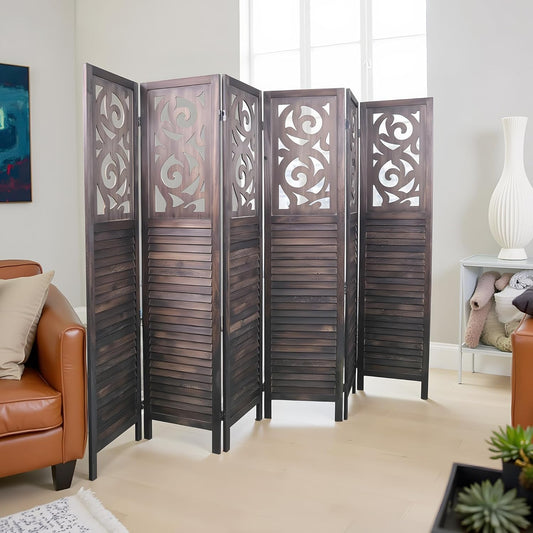 NicBex 6 Panel Room Divider 5.6FT Wood Carved Room Dividers, Folding Privacy Screens Portable Freestanding Partition Wall Dividers for Home Bedroom Office, Rustic Brown