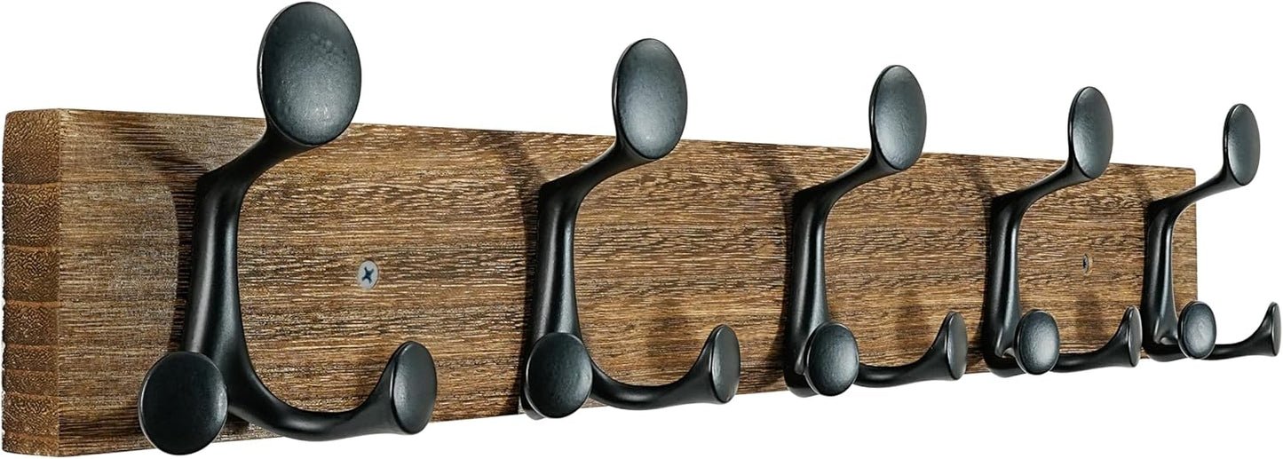 SKOLOO 24-Inch Wood Burnt Coat Rack Wall Mount with 5 Triple Hooks - Ideal for Family Entrances, Classrooms, and Pet Supplies Storage - Perfect Coat Hooks for Wall