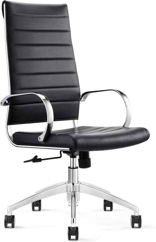 Ribbed High Back Conference Room Chairs - Lumbar Support, Modern Style Executive Chair for Home and Office - 360 Swivel Rolling Wheels - Aluminum Chrome Frame & Base - Black (Pack of 1)