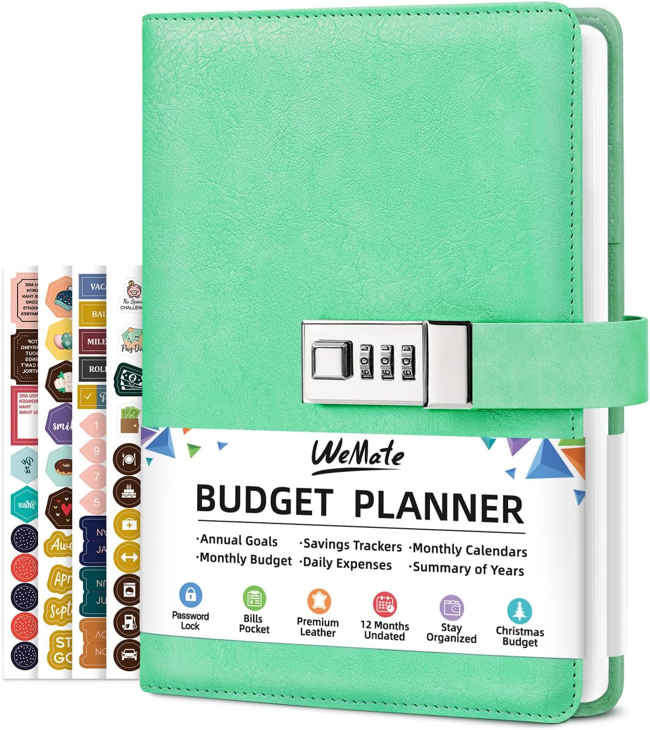 WEMATE Budget Planner 2025 with Lock, Monthly Budget Book with Expense Tracker Notebook, Undated Financial Planner to Manage Your Money, A5 Leather Account & Budget Book, Green