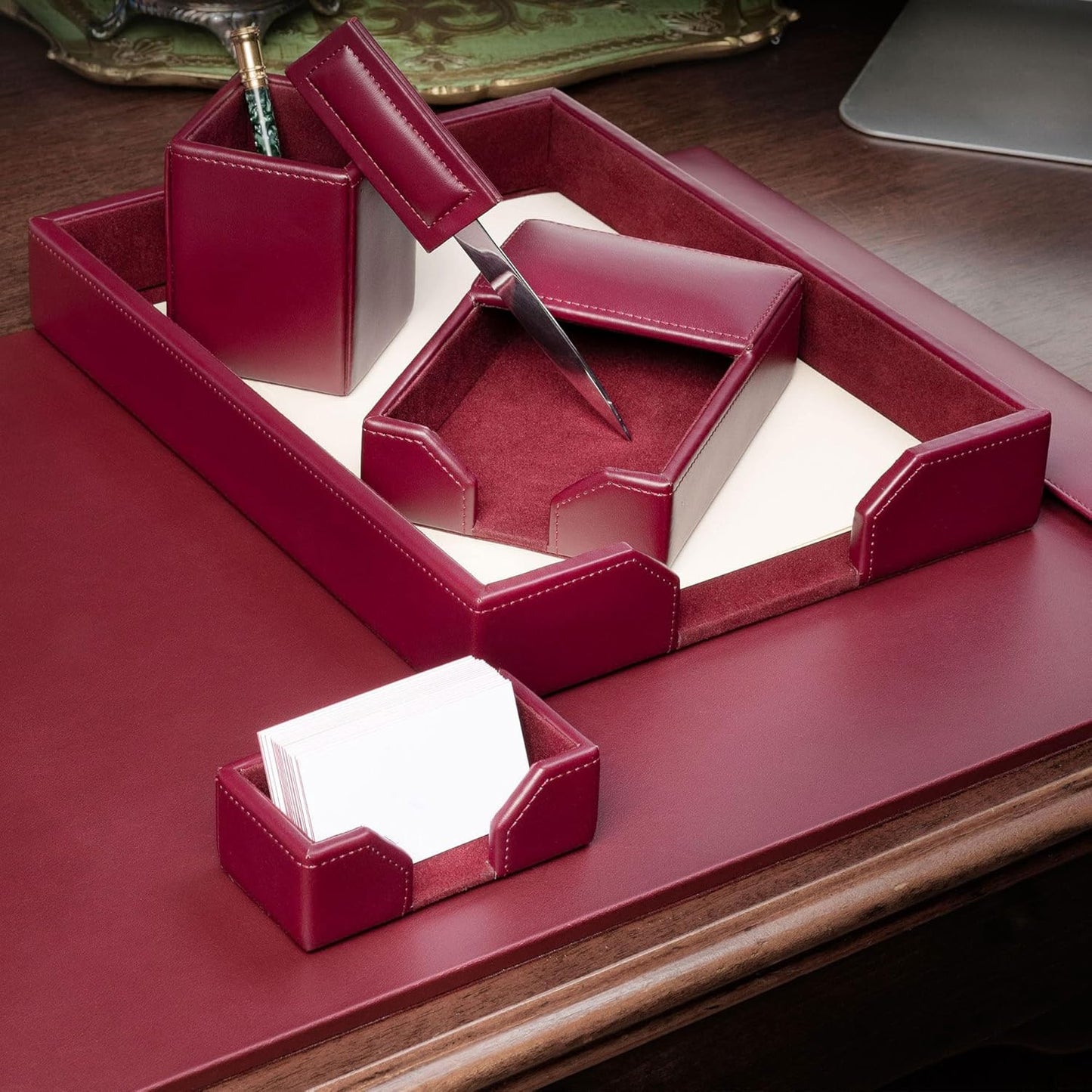 Dacasso Burgundy Bonded Leather Luxury 6-Piece Desk Accessory Set - Blotter Pad & Desk Organization Essentials - Executive Decor and Surface Protector