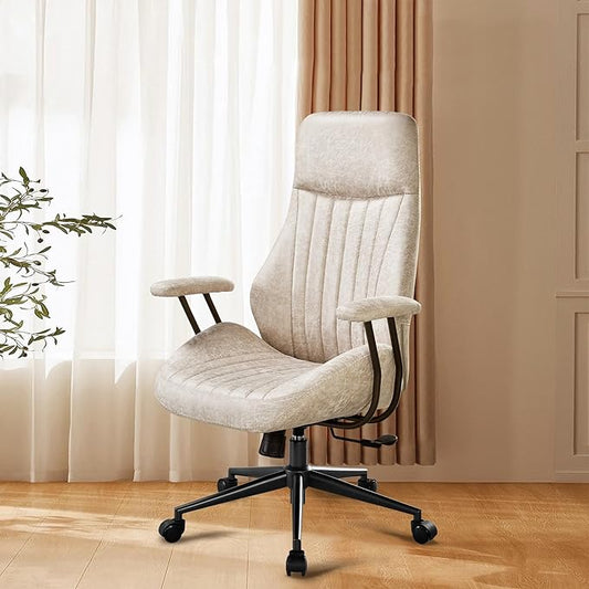 Mid Century Modren Office Chair - High Back Swivel Executive Chair with Lumbar Support,Ergonomic Computer Desk Chair with Wheels,Faux Lether Suede Task Chair,350lbs (Beige, High Back)