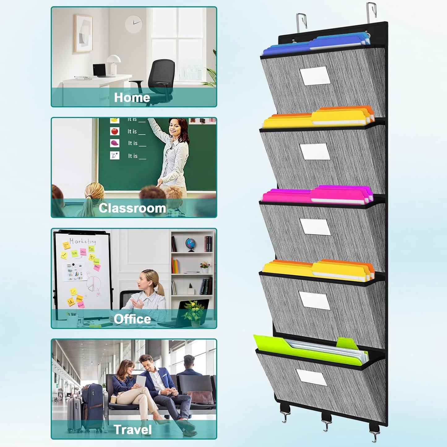 homyfort Over the Door File Organizer, Hanging File Folders, Wall Organizers and Storage for Mail, Magazine, Notebooks, Planners, Office, Classroom, 5 Extra Large Pockets, 50.39” Tall (Black)