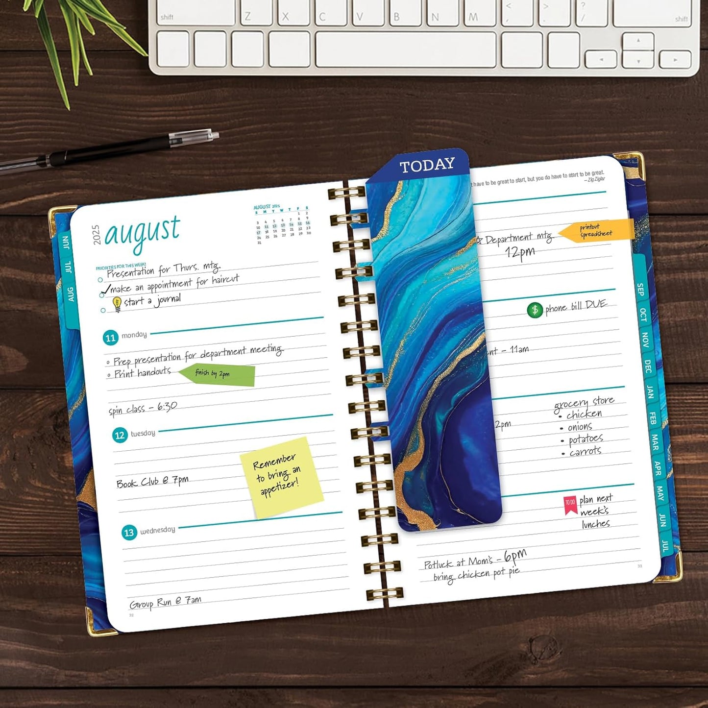 HARDCOVER Academic Year 2025-2026 Planner: (June 2025 Through July 2026) 5.5"x8" Daily Weekly Monthly Planner Yearly Agenda. Bookmark, Pocket Folder and Sticky Note Set (Dark Blue Marble)