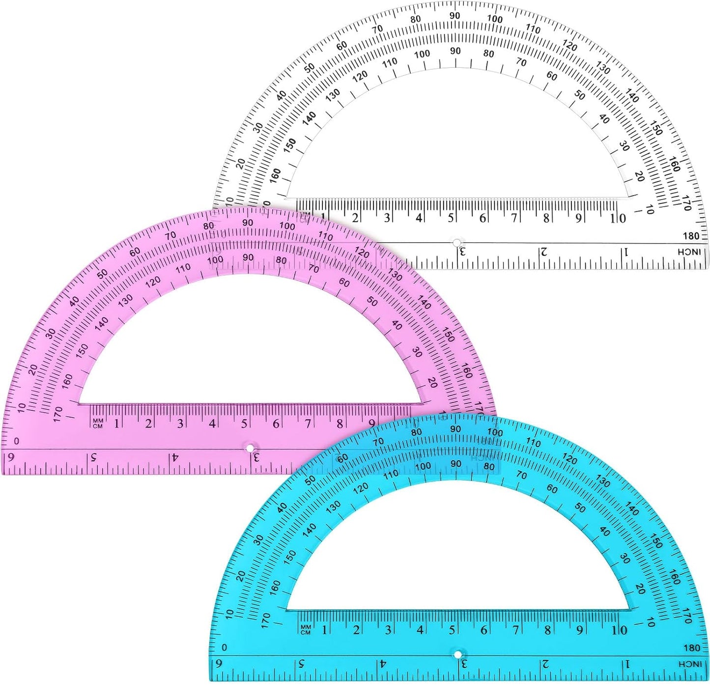 Zonon 3 Pack 6 Inch Plastic Protractor Back to School Protractors 180 Degrees Pink Blue Clear Protractors for Classroom Math Teacher Student Office Supplies