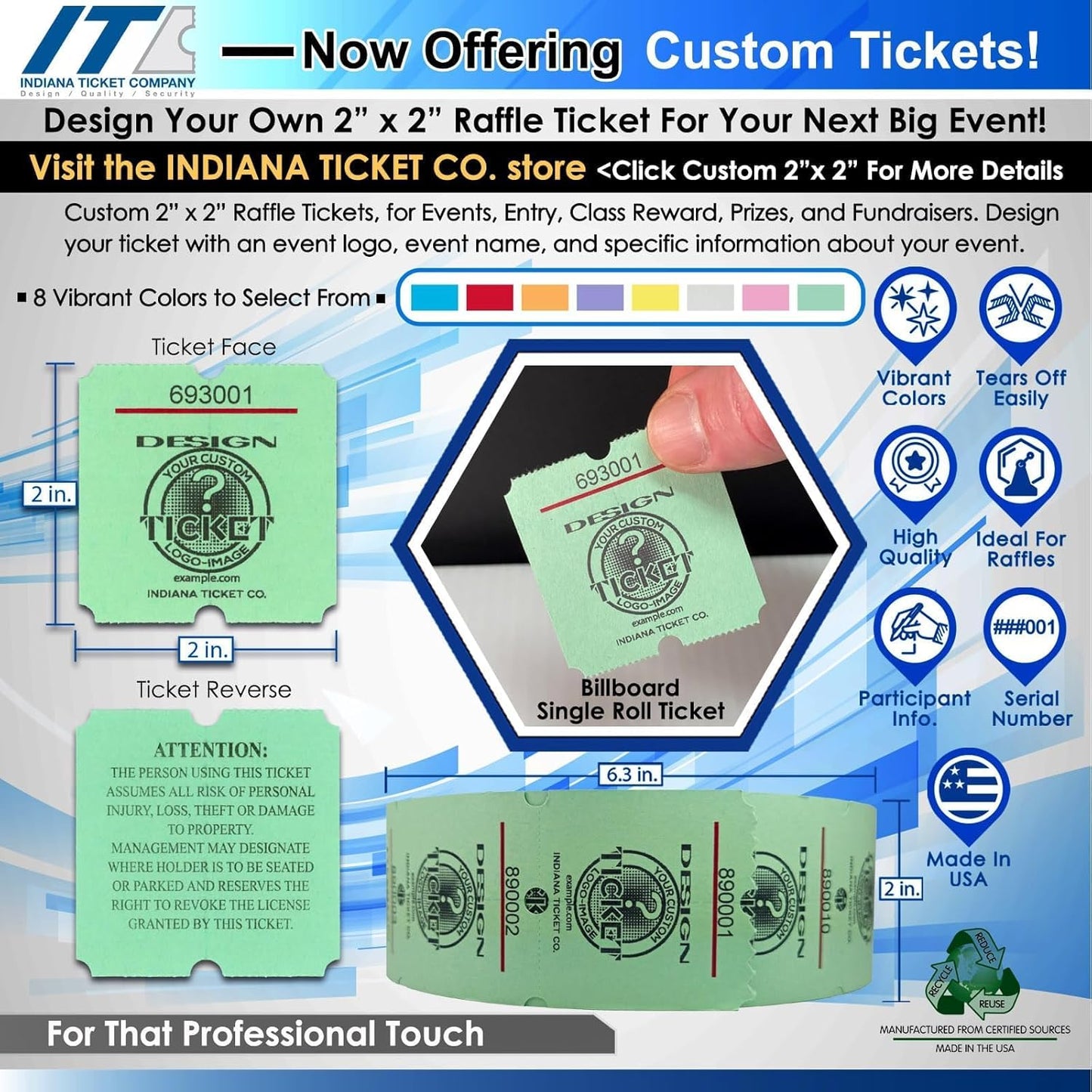 Custom 2” x 2” Billboard Single Roll Ticket, Design Your Roll Tickets with Event Logos, Classroom Rewards, Fundraisers, Door Entry, Raffles, Prizes, Drink/Food Tickets, & More (8 Color Selection)