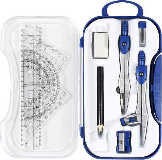 Math Geometry Kit Sets 10 Piece Student Supplies with Shatterproof Storage Box,Includes Rulers,Protractor,Compass,Eraser,Pencil Sharpener,Lead Refills,Pencil,for Drafting and Drawings（Navy blue）
