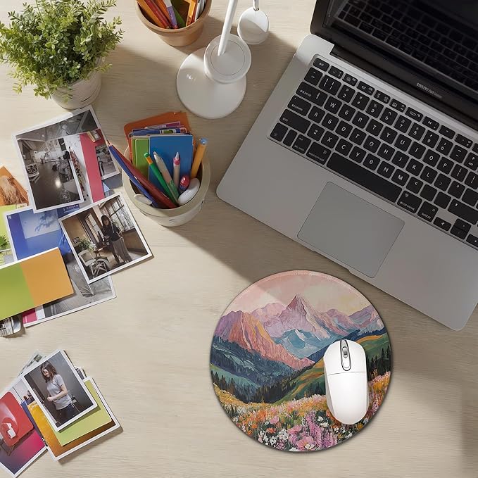 Boho Mountain Mouse Pad, Colorful Floral Watercolor Wildflower Nature Landscape Mousepad for Computer Laptop Office Desk Accessories,7.9x7.9,C069