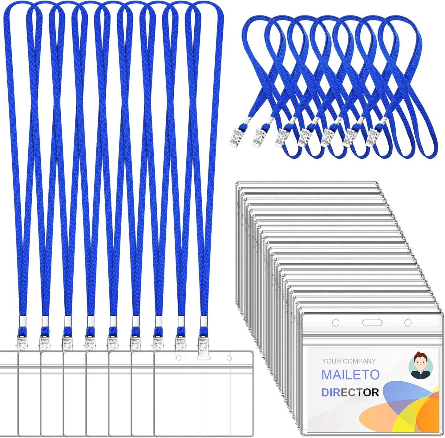 100Pcs Lanyards for Id Badges and 100 Pcs Clear Plastic Horizontal Name Badge ID Card Holders, Flat Neck Lanyards with Clip Waterproof Resealable Name Tag Badge ID Card Holders, Blue