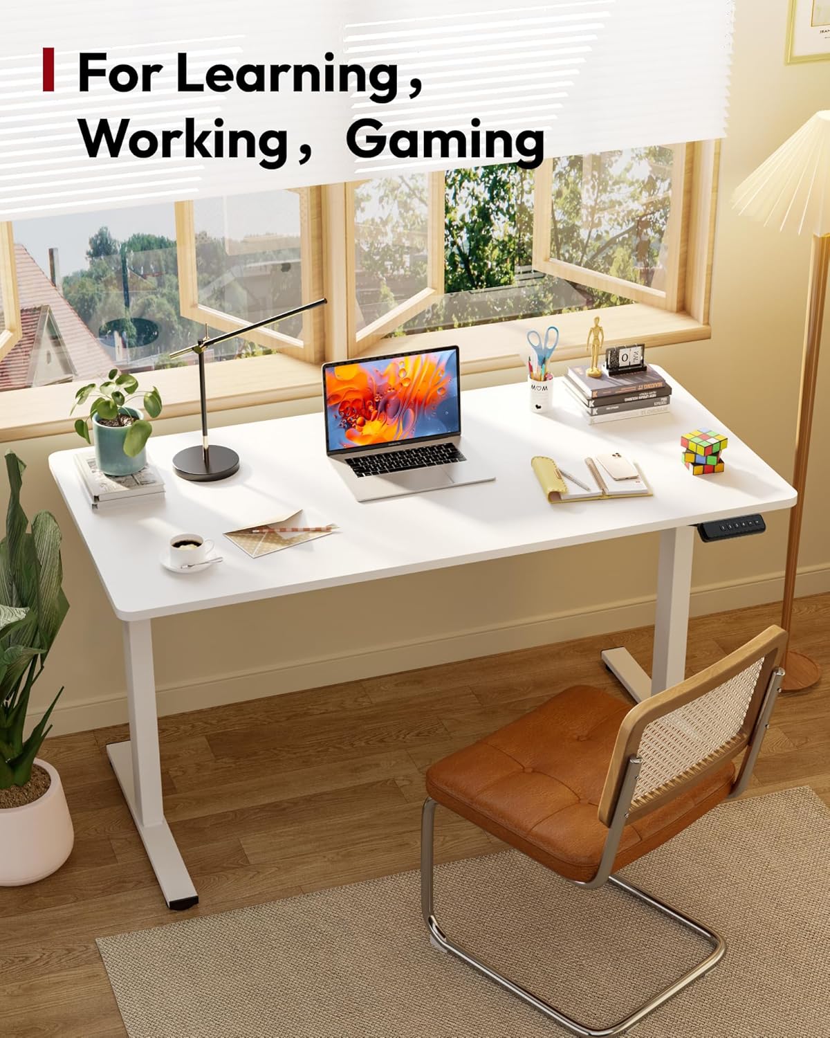 SANODESK Electric Standing Desk 48 x 24 Inches Whole-Piece Desktop Height Adjustable Stand Up Desk w/6-Button Controller Ergonomic Computer Desk for Home Office, White Frame + White Tabletop