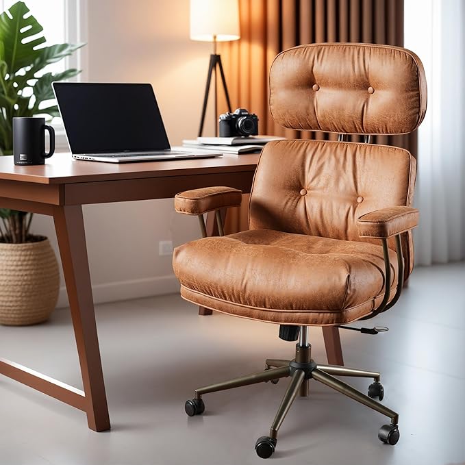 ovios Home Office Chair, Mid-Century Modern Faux PU Leather Chairs with Lumbar Support Comfy Thick Cushion, High Back Ergonomic Swivel Rolling Executive Armchair (Brown, Suede Leather)
