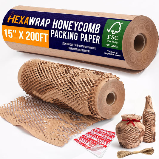 Honeycomb Packing Paper 15" x 200ft with Rope & 20 Fragile Stickers|Shipping & Moving Supplies|Small Business Packaging Supplies|Eco Friendly Bubble Wrap Packing Boxes for Moving Certified FSC C204227