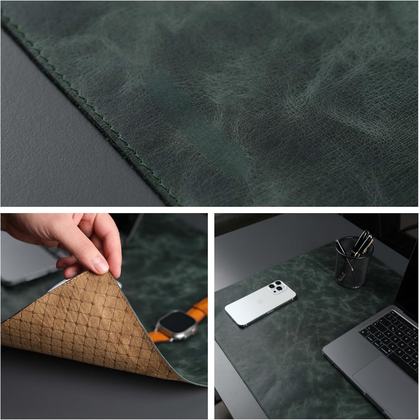 Jersey Genuine Calfskin Leather Desk Pad, Office Desk Mat with Non-Slip Bottom, Smooth Surface for Mouse & Keyboard, Desk Protector (14.6x31.5 inches) (Dark Green)