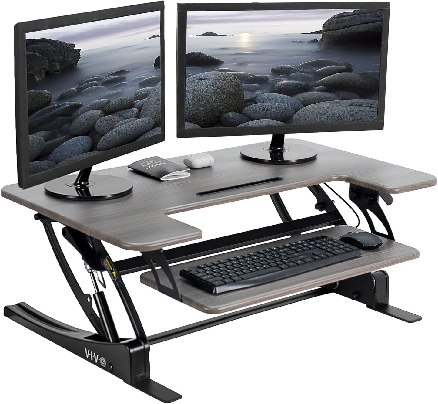 VIVO 36 inch Height Adjustable Stand Up Desk Converter, V Series, Quick Sit to Stand Tabletop Dual Monitor Riser Workstation, Gray Top, Black Frame, DESK-V000VG
