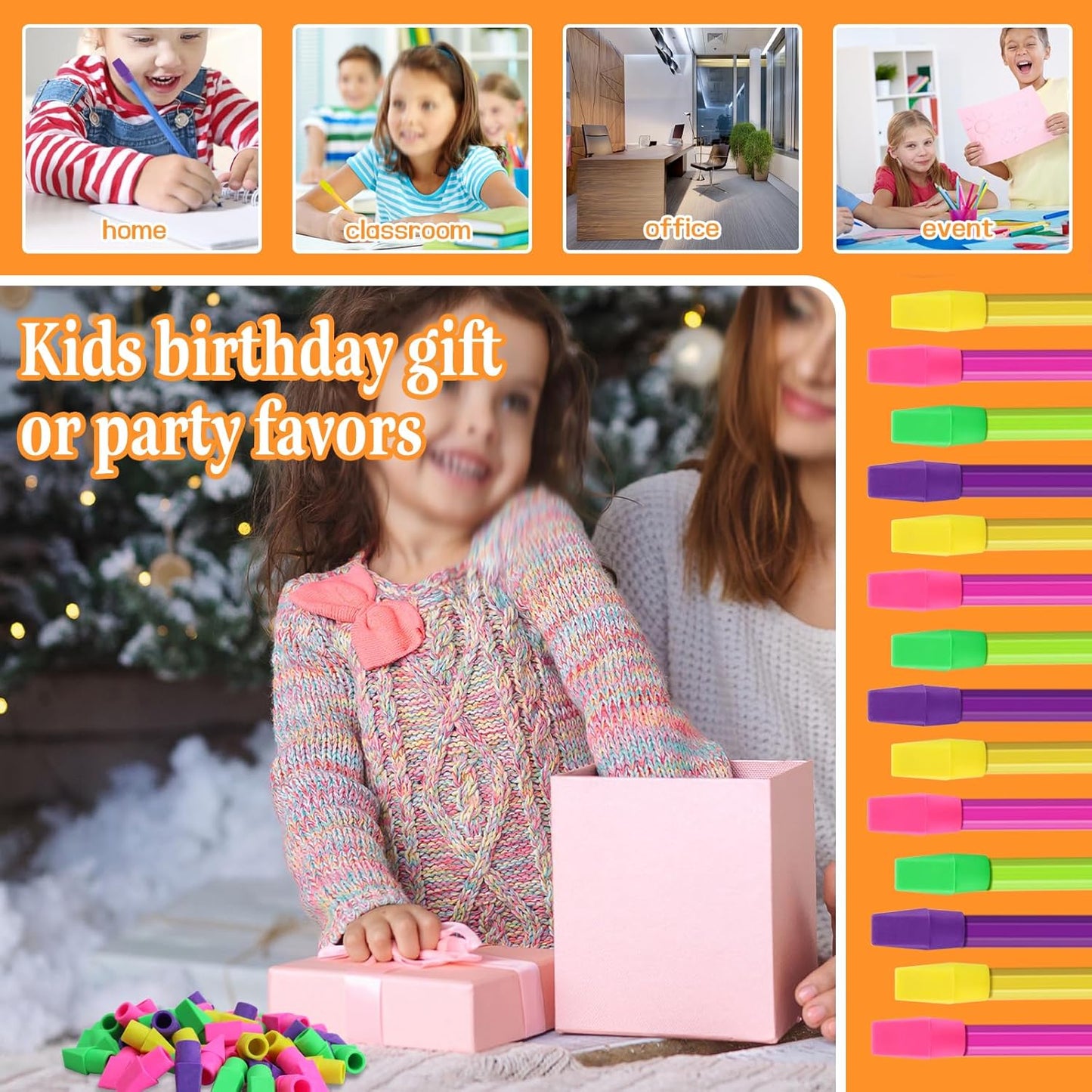 PRALB 200PCS Multicolor Pencil Top Eraser Caps - Bullet Tip Erasers in Pink, Purple, Green & Yellow | Bulk Pack for School, Office, Party Favors & Classroom Rewards