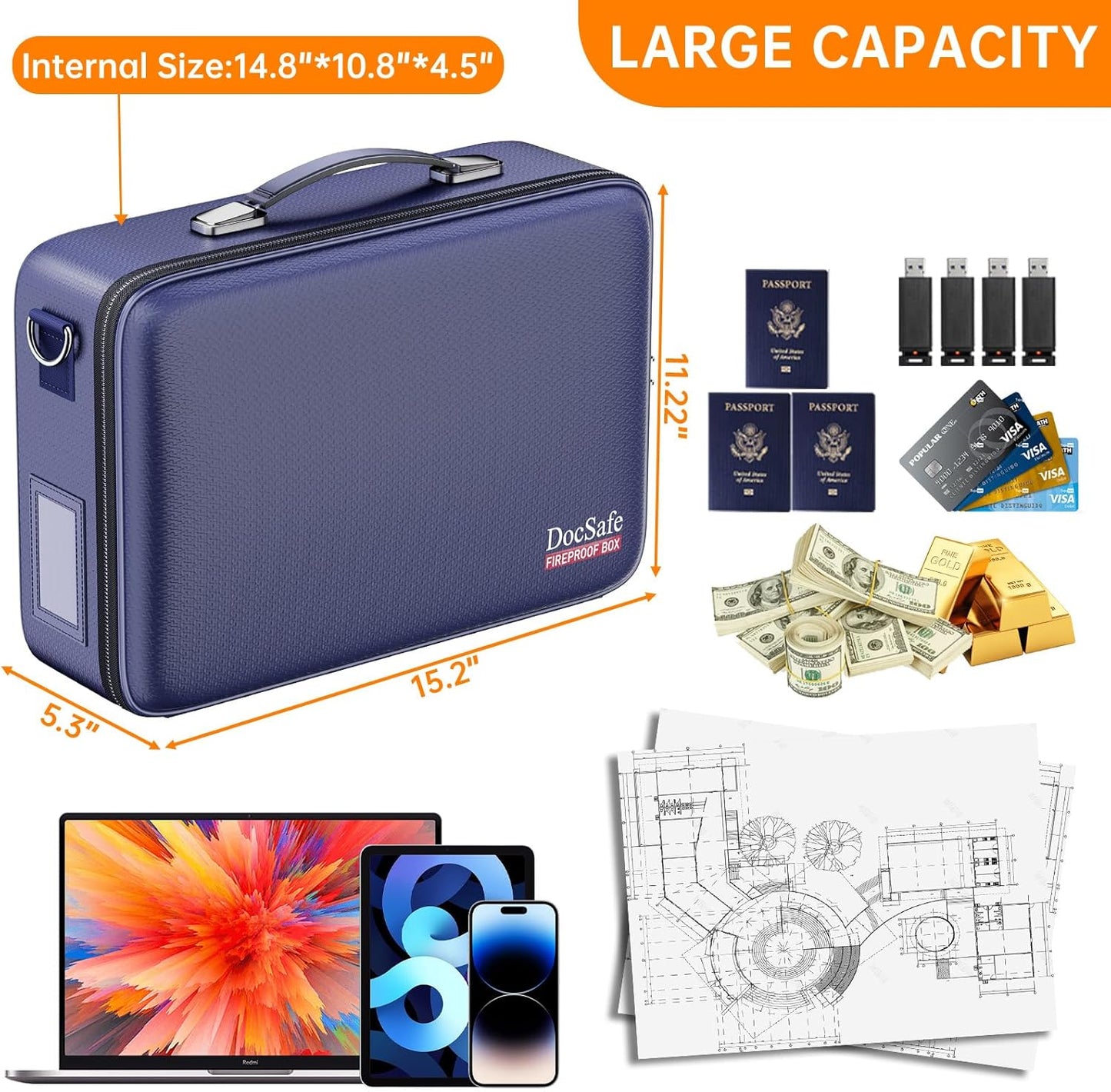 DocSafe Fireproof Document Box with Lock, Hard Case File Organizer with Accordion File Folder, Fireproof Water Resistant Safe Box Home Office Travel Storage for Important Documents Laptop Blue