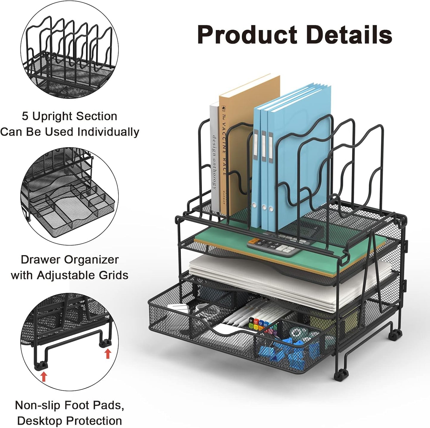 Mesh Desk Organizer, 3-in-1 Desktop Organizer with 3 Tier Tray and 5 Upright Sections, File Organizer for Desk with Sliding Drawer, Black