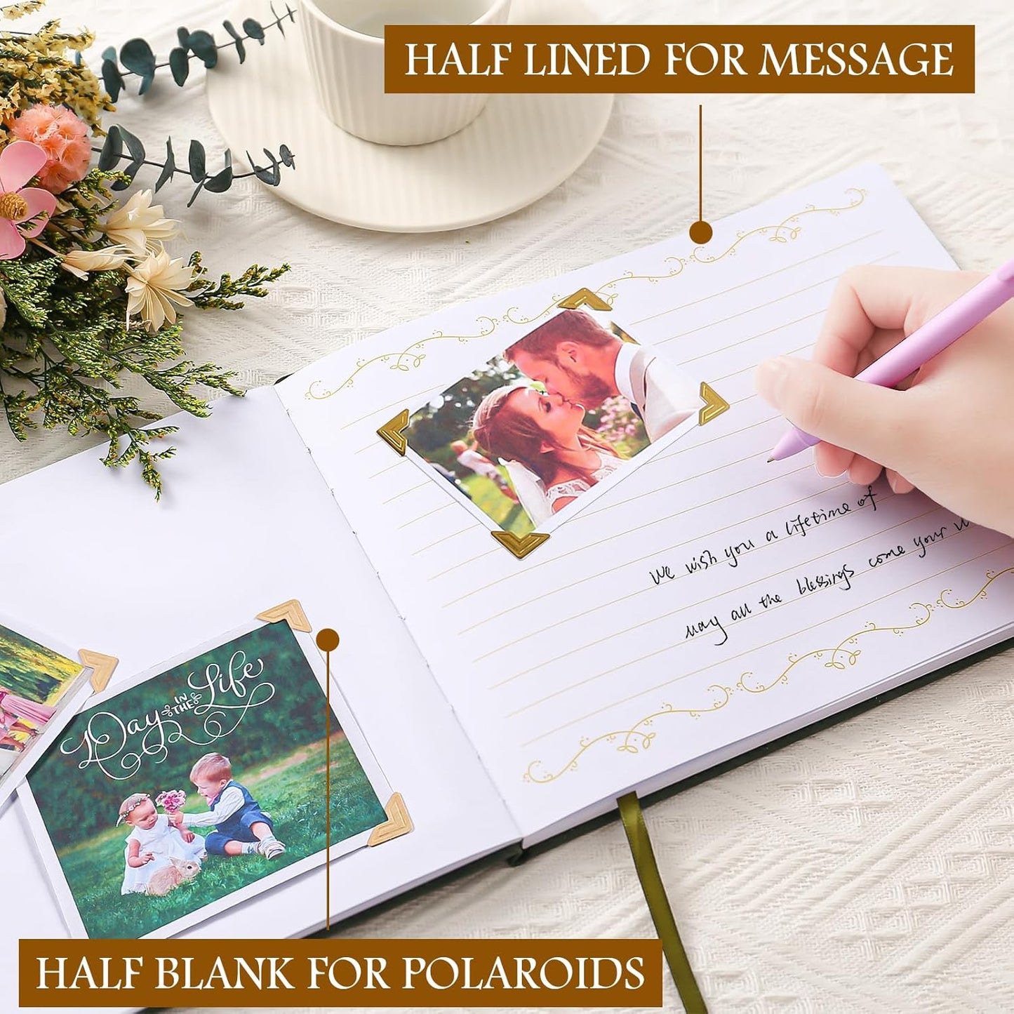 8x10 Leather Guest Book and Standup Sign Set, Gold Foiled Cover Registry Book for Wedding Reception, Retirement Party, Vacation Homes and Events, 120 Pages (Green)