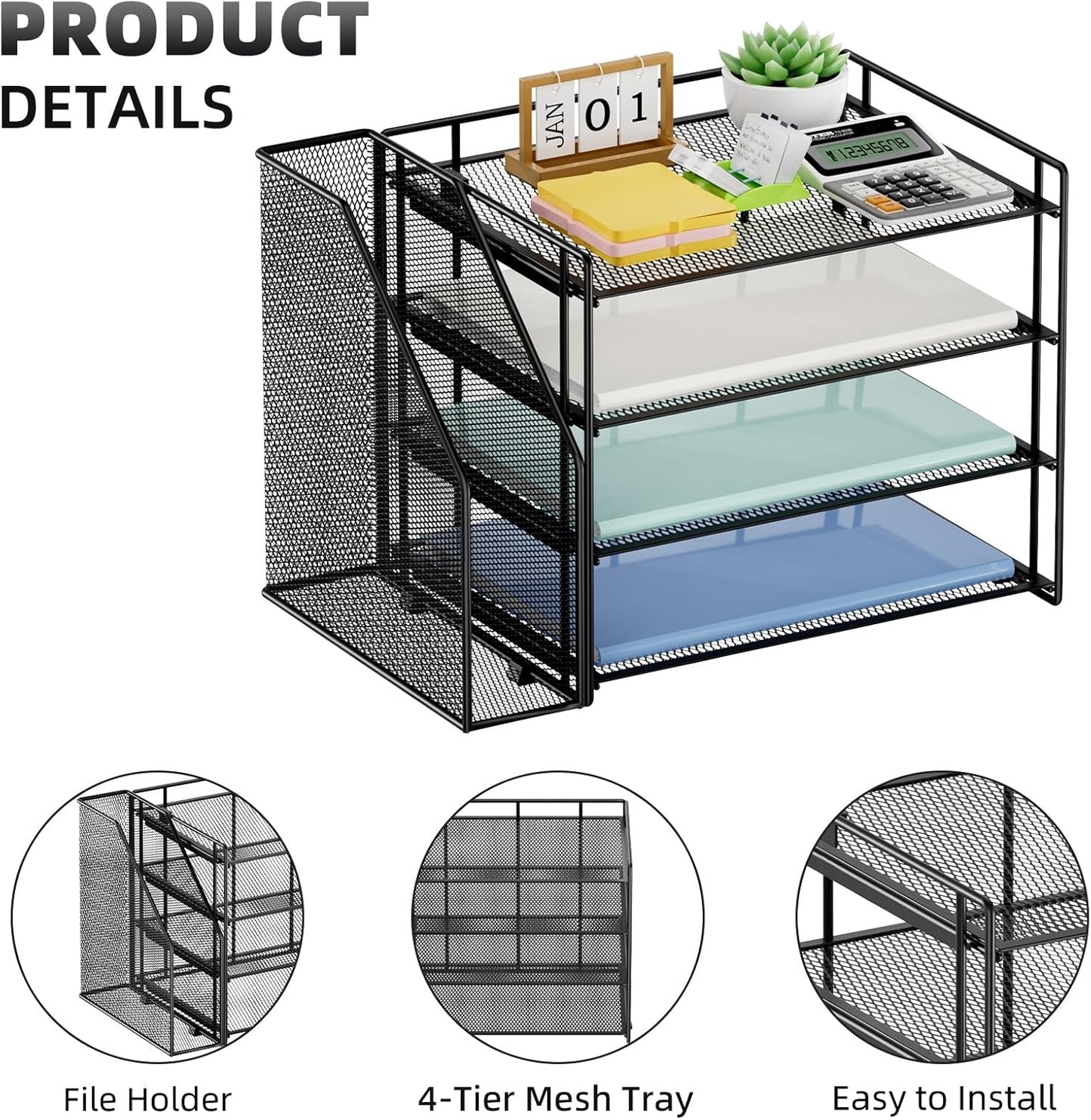 Marbrasse Desk Organizer and Accessories，4-Tier Paper Letter Tray Organizer with File Holder，Desk Accessories & Workspace Desktop Organizers for School Home Office Supplies (Black)