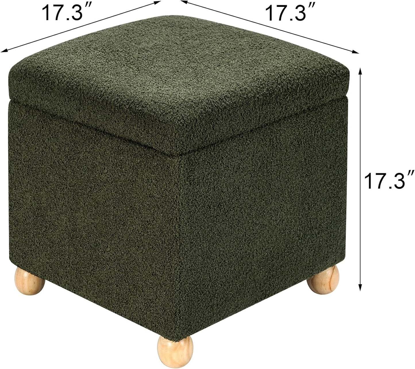 Adeco 17 Inch Soft Dark Green Cube Ottoman Storage, Teddy Velvet Chair Foot Stools, Upholstered Vanity Stool with Hinged Lid, Solid Round Wood Legs